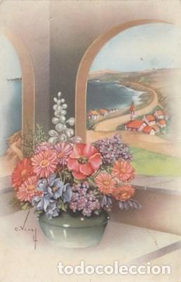 Postcards: POSTAL - FLORES - CENTRO - MAR AL FONDO -N&ordm; 508 A - ILUSTRADOR C. VIVES -ED. C Y Z - ESCRITA EN 1954