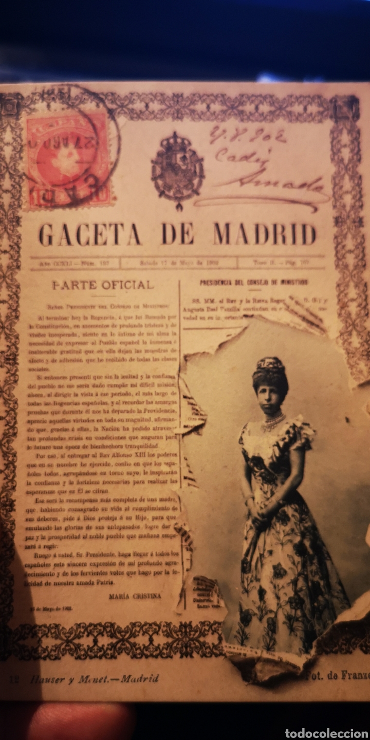 Postales: , postal de la Gaceta de Madrid con la Reina Regente