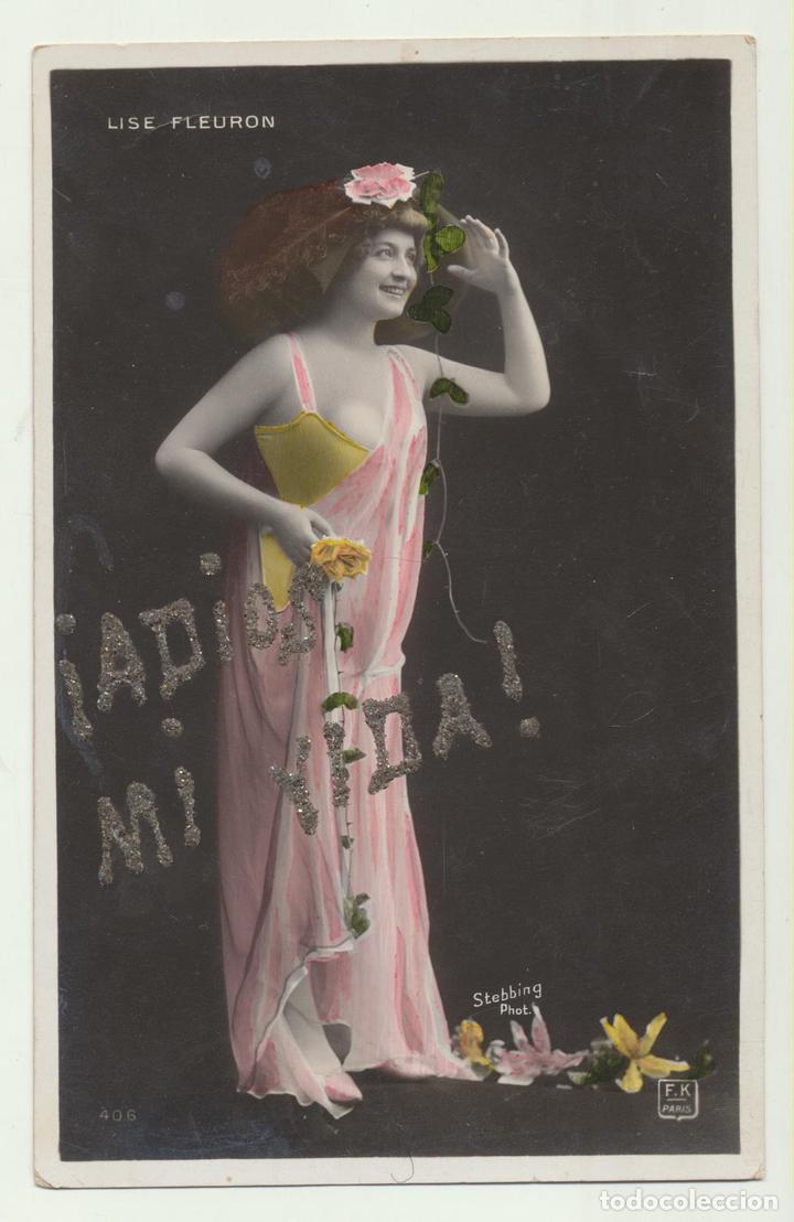 Postales: Lise Fleuron. Actriz Francesa. Postal con brillos. Fechada en Rio tinto en 1908 - Foto 1