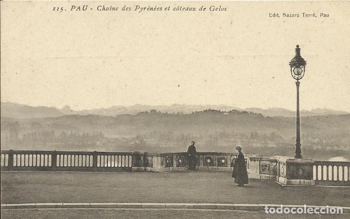 Cartoline: Postal Francia: Pau. Chaine des Pyrenees et coteaux de Gelos. Bazars Terre. 115. Principios s. XX.