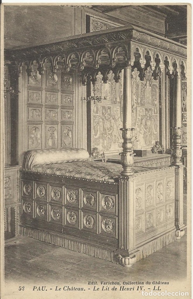 Cartoline: Postal Francia. Pau. Le Chateu. Le lit de Henri IV. 52. Varichon. Principios siglo XX.