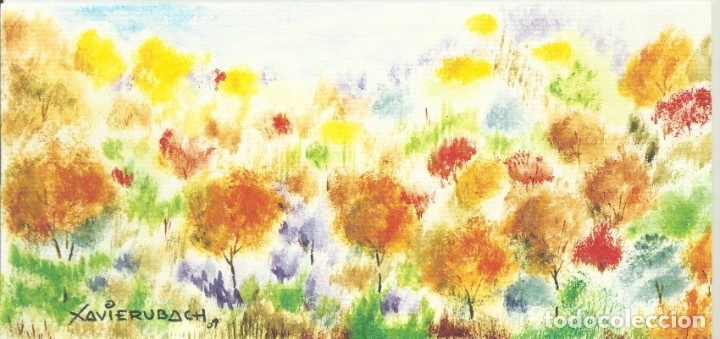 Cartoline: Paisaje primaveral. Dibujo impreso. Felicitaci&oacute;n Navidad. Xavier Ubach. Firmada. Postal.