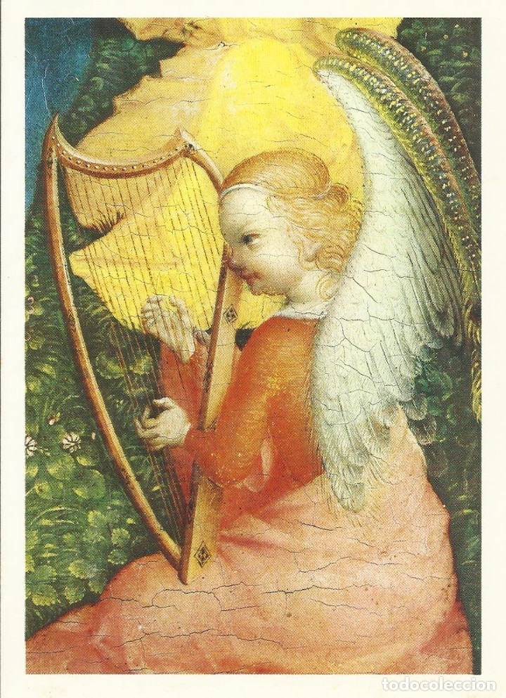 Cartoline: Postal Navidad. Suiza. &Aacute;ngel m&uacute;sico. La arpa. Buen estado. 16x11 cm. Es un diptico.