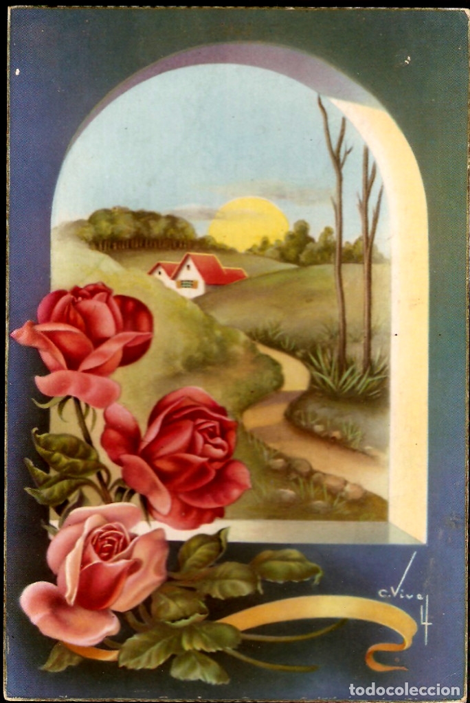 Cartes Postales: Tarjeta Postal Antig&uuml;a: Flores, motivo floral y paisaje.