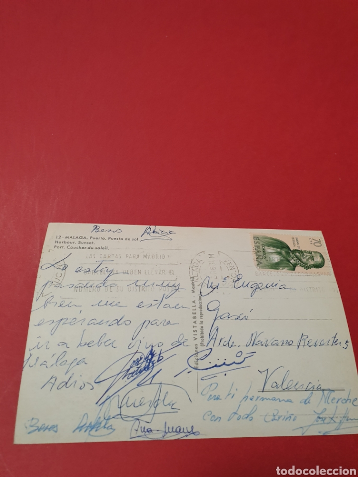 Postales: M&aacute;laga.Puerto.Puesta de sol.Circulada. - Foto 2