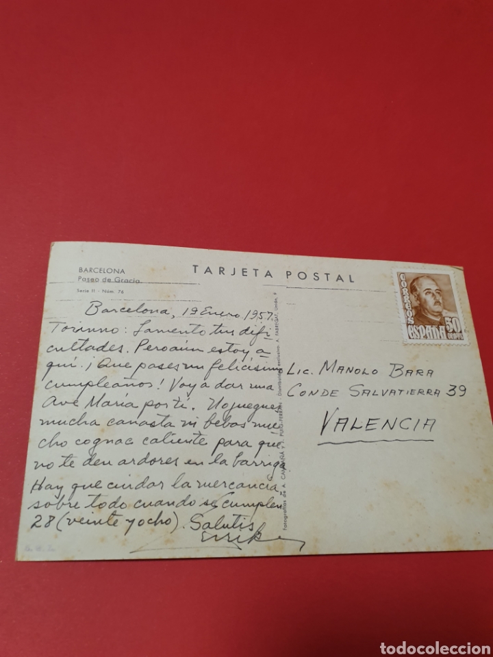 Postales: Barcelona.Paseo de Gracia.Circulada.1957. - Foto 2