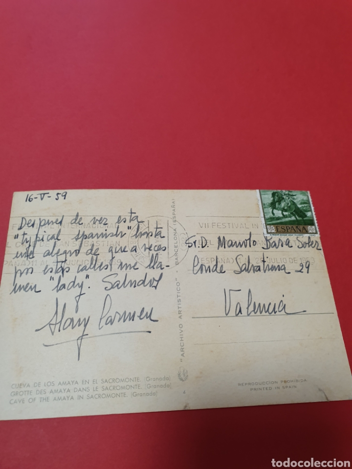 Postales: Cueva de los Amaya en el Sacromonte. Granada. Circulada.1959. - Foto 2
