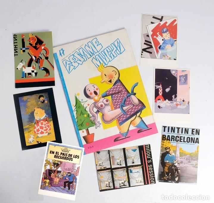 Postales: Lote homenaje a Tint&iacute;n. 7 postales (principios a&ntilde;os 80) y la revista B&eacute;same Mucho n&ordm; 17 de 1979