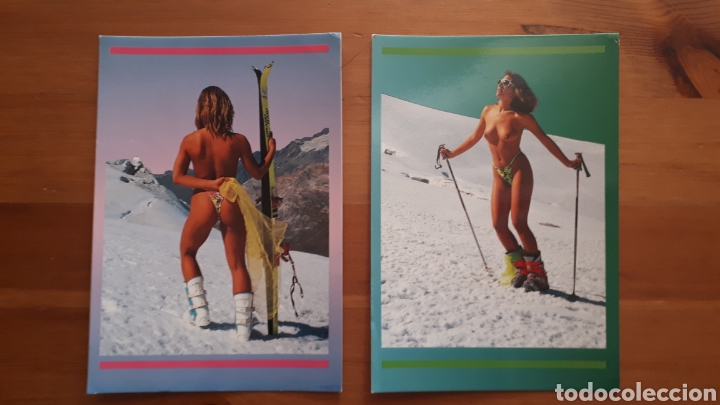 Postales: Lote 2 postales mujer top less esqu&iacute;s ski soleil