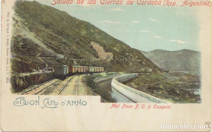 Postales: Argentina. Postal. Saludo de las Sierras de C&oacute;rdoba. Mal Paso F. C. a Cosquin. Anterior a 1905