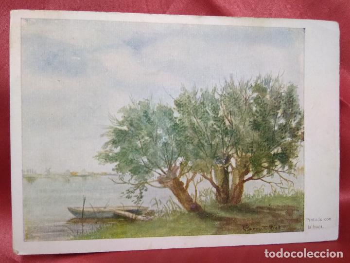 Postales: Postal n&uacute;mero 1017. Olmos junto al lago. Original pintado con la boca por F. Riet. Postal-1241