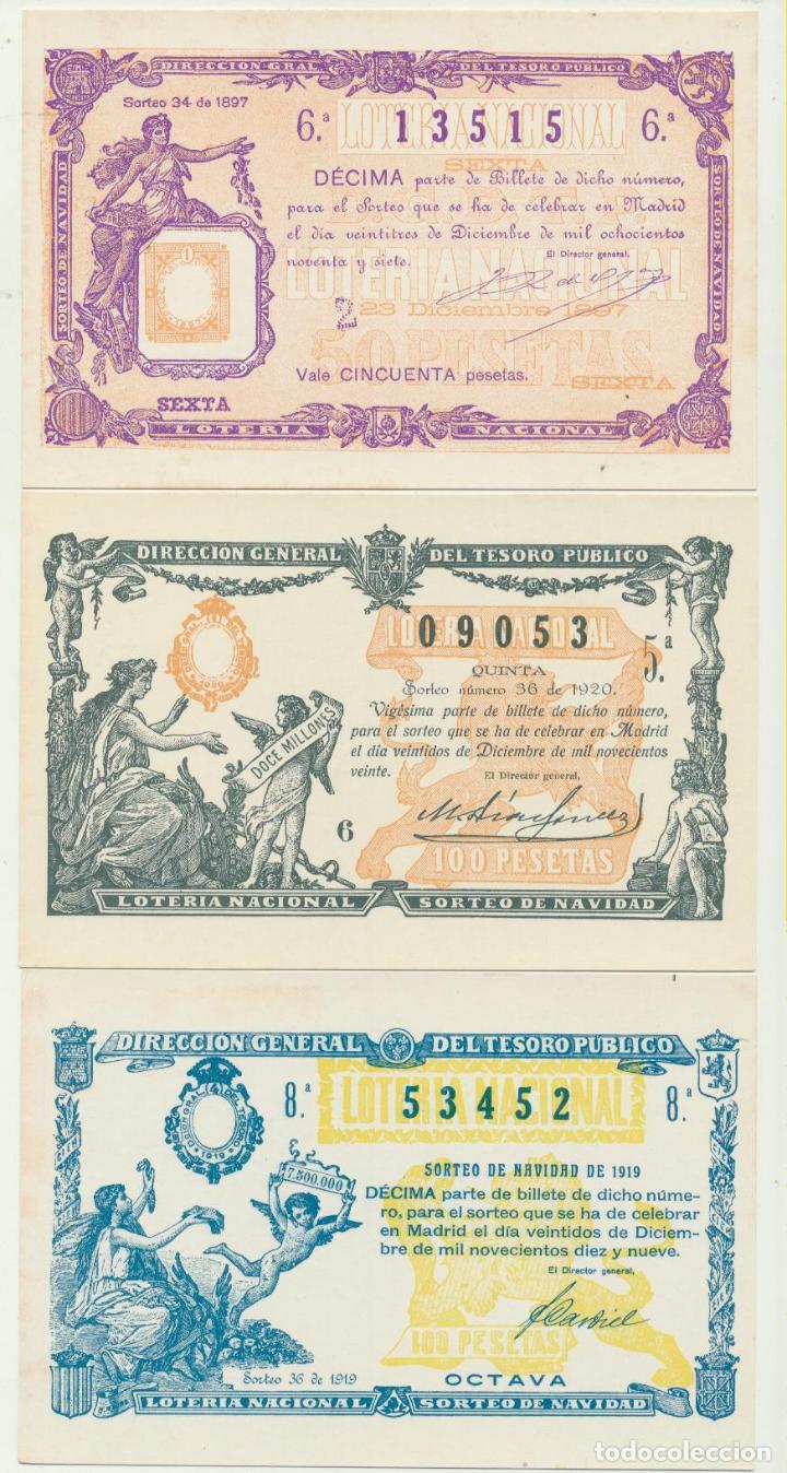 Postcards: Lote de 3 Postales del Primer Premio de la Loter&iacute;a nacional del 23 diciembre de 1897, del 22 Diciemb