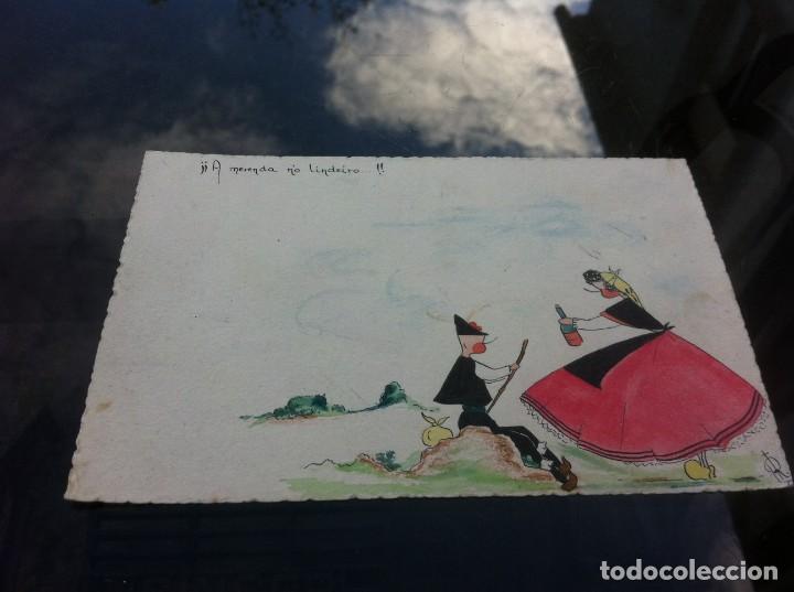 Cartes Postales: CARTULINA FORMATO POSTAL. GALLEGOS - TRAJE REGIONAL. A MERENDA NO LINDEIRO. ESCRITA