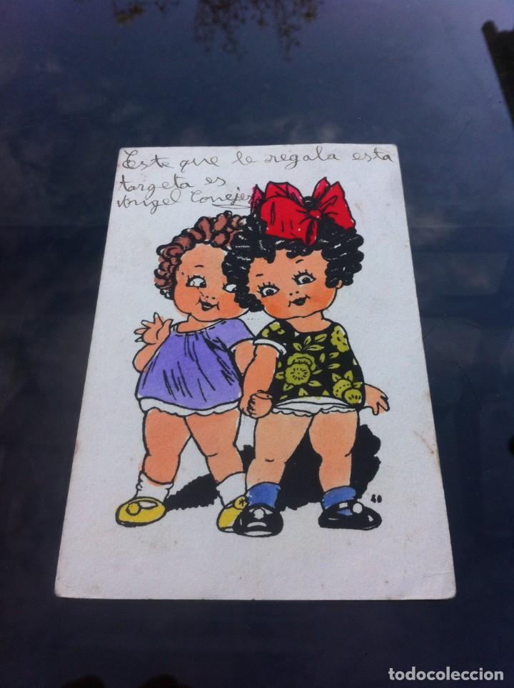 Postales: POSTAL ESCRITA. DOS NI&Ntilde;AS CON LAZO ROJO - Foto 1
