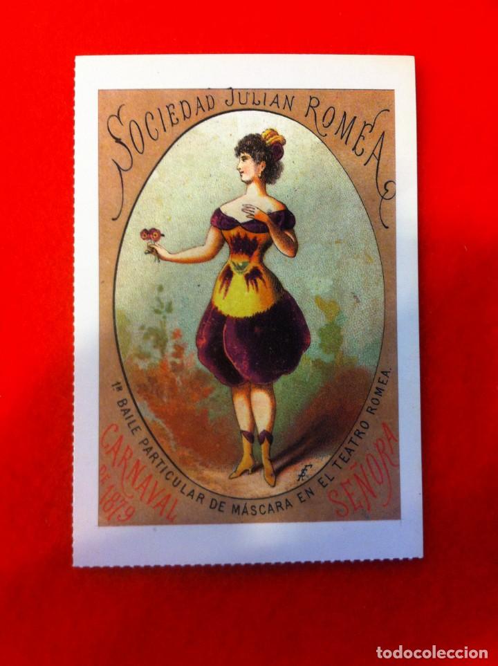 Postcards: LAS M&Aacute;S BELLAS TARJETAS POSTALES. SOCIEDAD JULI&Aacute;N ROMEA. TEATRO ROMEA. CARNAVAL SE&Ntilde;ORA. 1879