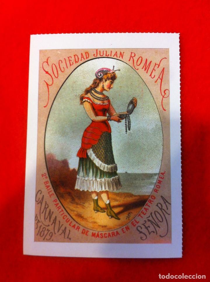 Cartoline: LAS M&Aacute;S BELLAS TARJETAS POSTALES. SOCIEDAD JULI&Aacute;N ROMEA. TEATRO ROMEA. CARNAVAL SE&Ntilde;ORA. 1879