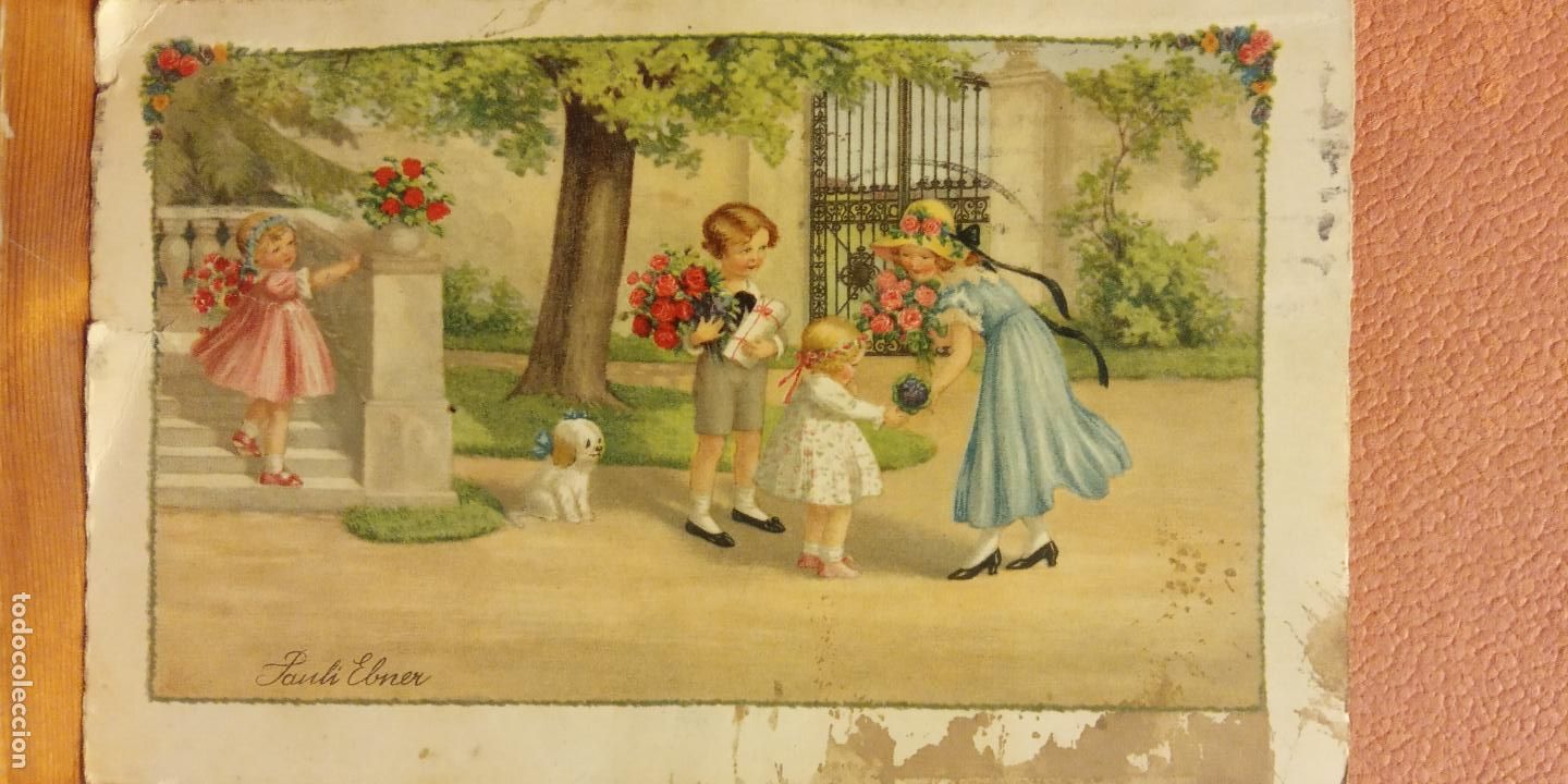 Postkarten: MUJER, NI&Ntilde;OS Y FLORES. BONITA POSTAL. CIRCULADA