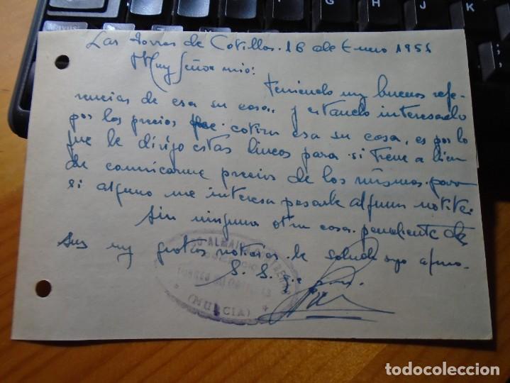 Postales: T.P.CIRCULADA LAS TORRES DE COTILLAS/ABARAN 1956. COMERCIO ,DROGAS,ETC... - Foto 2