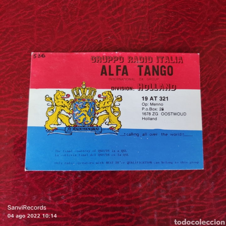 Postales: TARJETA QSL: GRUPPO RADIO ITALIA, ALFA TANGO, DIVISION HOLLAND