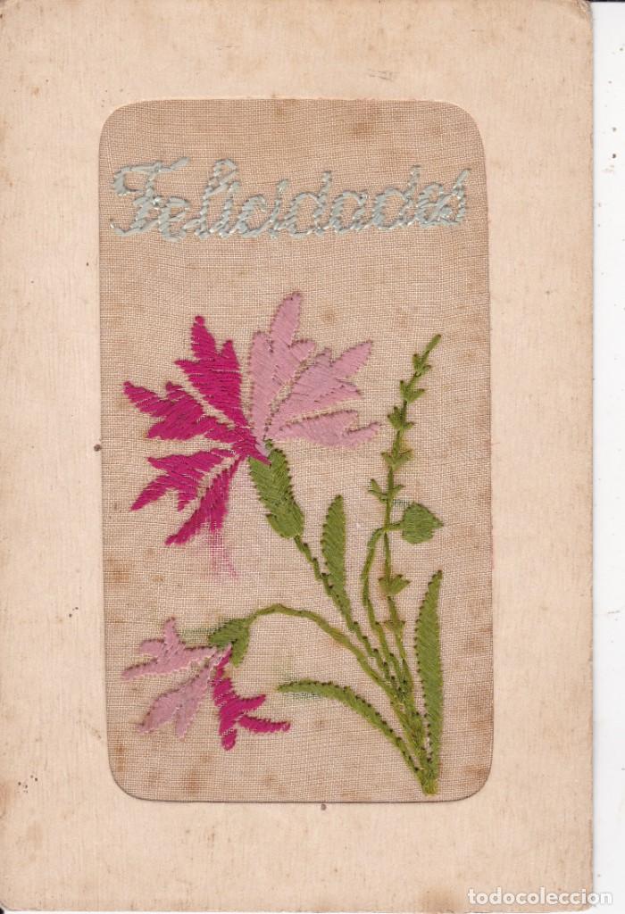 Cartoline: postal felicidades bordado flores principios siglo XX