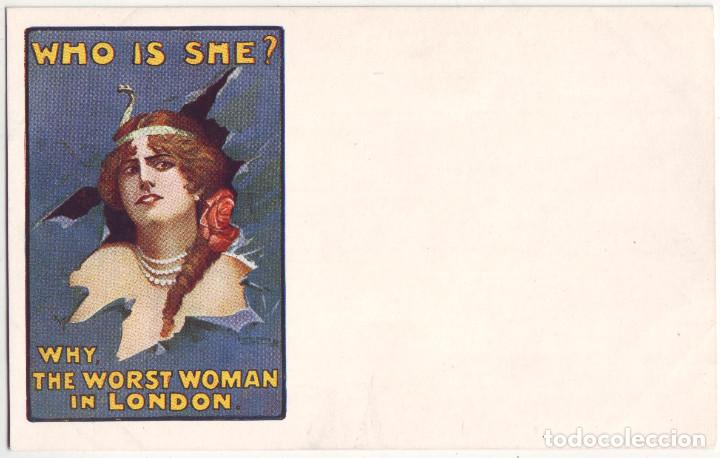Postales: Who is She. Why the Worst Woman in London_David Allen & Sons