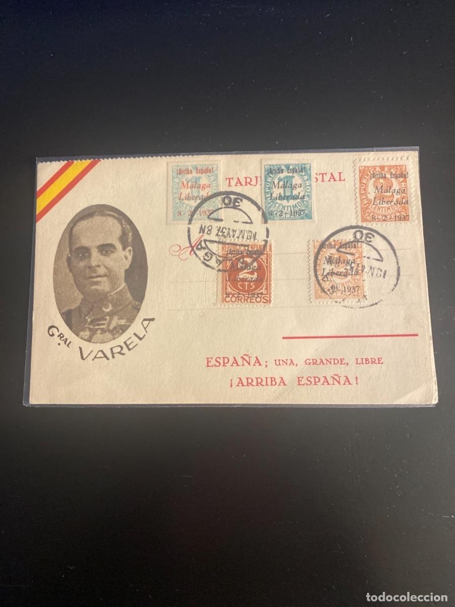 Cartoline: 6 - Tarjeta postal General Varela a&ntilde;o 1937 sellada en Malaga escudo falange dorso