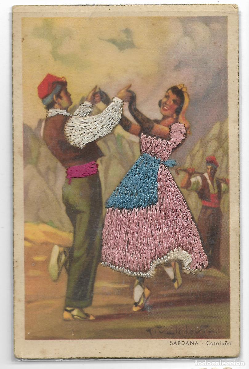 Postales: POSTAL BORDADA ** PAREJA BAILANDO SARDANAS ** ESCRITA