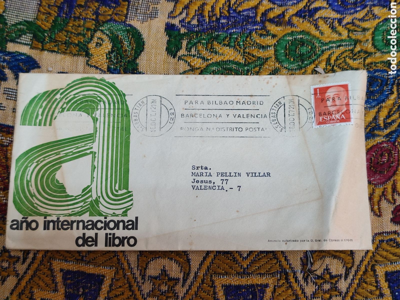 Cartes Postales: Sobre postal A&ntilde;o Internacional del Libro Matasellado