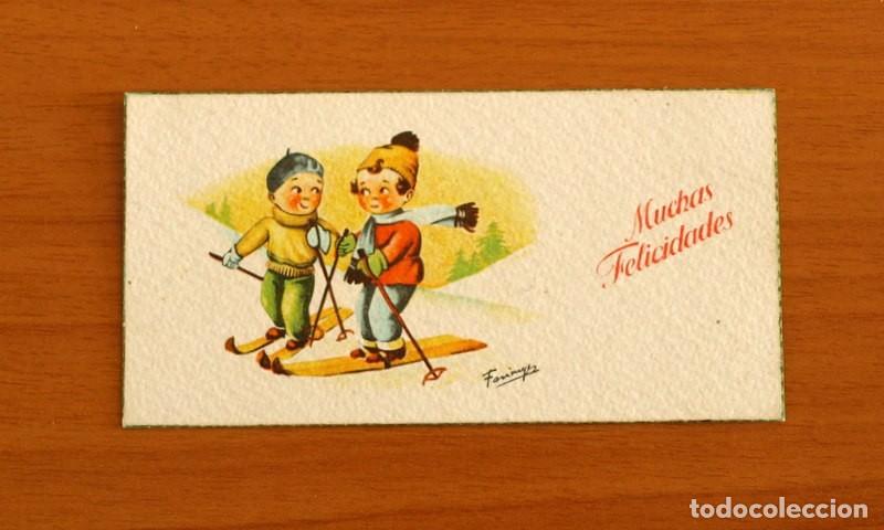 Postales: Tarjeta Antigua de Felicitaci&oacute;n, a&ntilde;os 20 - Muchas Felicidades - Dibujos de Deportes, Esqu&iacute;