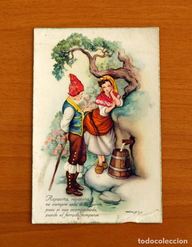 Postales: Tarjeta Postal Antigua A&ntilde;os 20 - Dibujo de parejas con trajes Regionales Espa&ntilde;oles -Refranes, Dichos