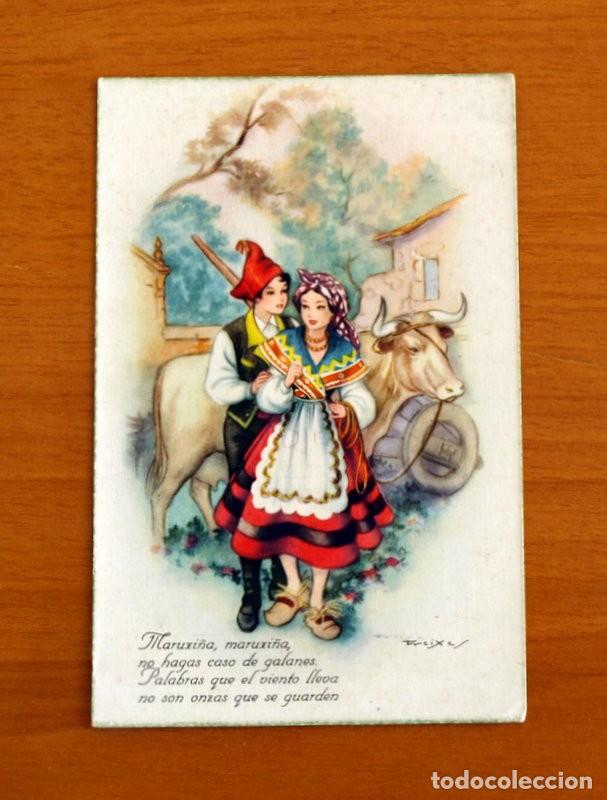 Postales: Tarjeta Postal Antigua A&ntilde;os 20 - Dibujo de parejas con trajes Regionales Espa&ntilde;oles -Refranes, Dichos