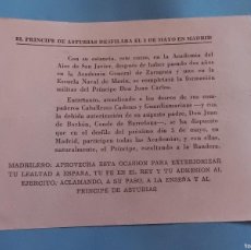 Postales: MONARQUÍA. PANFLETO RECORDANDO QUE EL PRÍNCIPE DE ASTURIAS DESFILARÁ EN MADRID EL 3 DE MAYO.