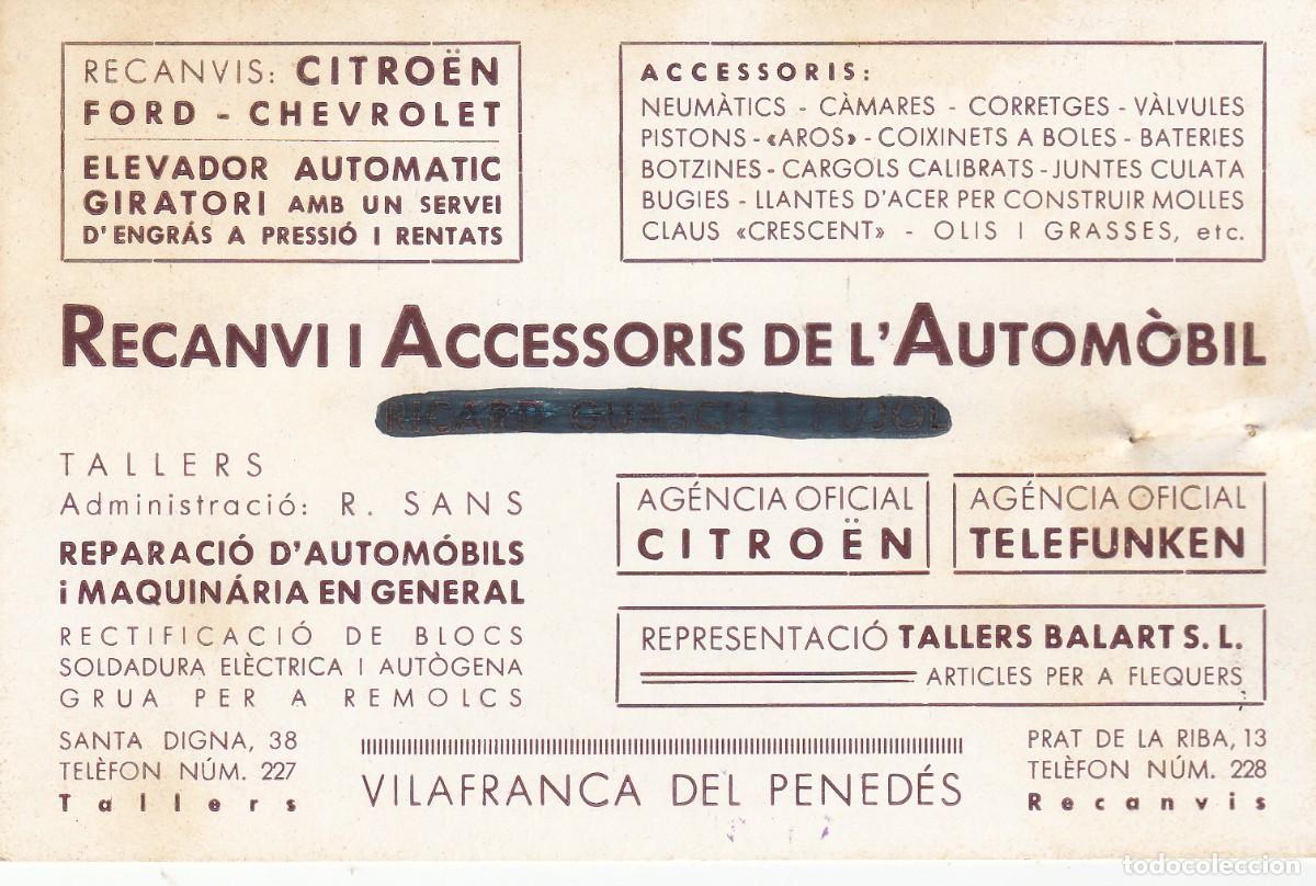 Postales: TARJETA DE RECANVI I ACCESORIS DE L'AUTOM&Ograve;BIL EN VILAFRANCA DEL PENED&Eacute;S -1937