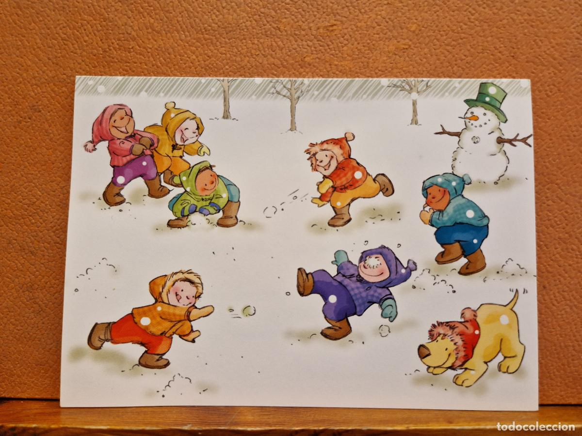 Postais: BONITA POSTAL DE NAVIDAD CIRCULADA. DIPTICO. NI&Ntilde;OS JUGANDO EN LA NIEVE