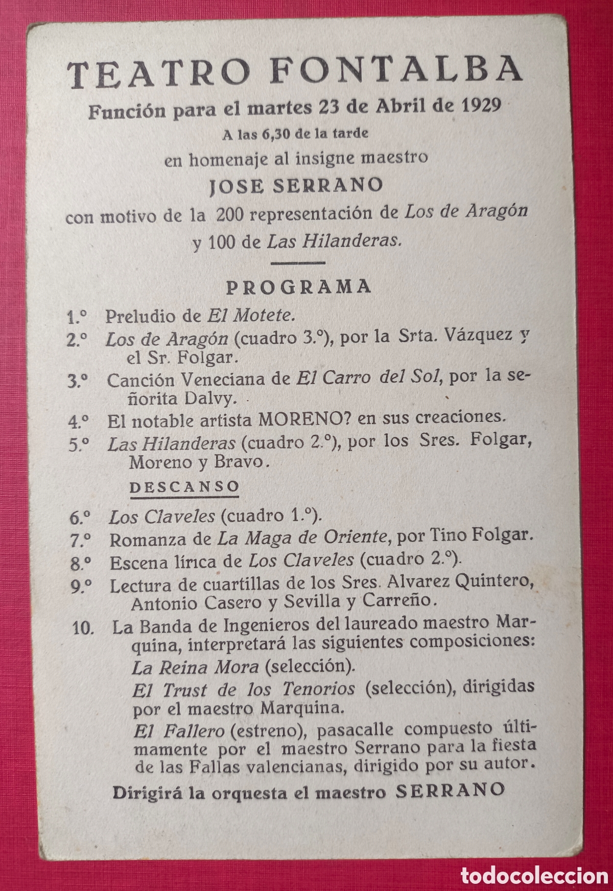 Postales: JOS&Eacute; SERRANO COMPOSITOR ZARZUELA POSTAL PROGRAMA TEATRO FONTALBA MADRID 1929 - Foto 2