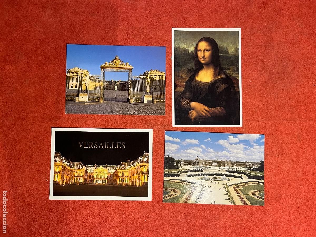 Postcards: Lote 4 postales antiguas Francia &ndash; Mona Lisa (Louvre) y Palacio de Versalles &ndash; A&ntilde;os 70/80