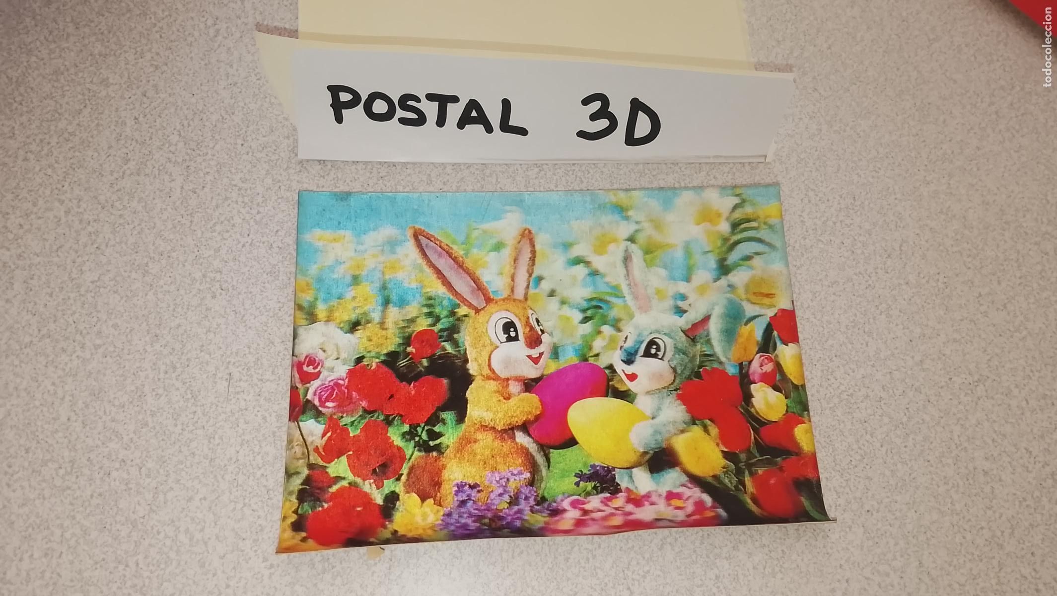 Postales: POSTAL TRIDIMENSIONAL 3D PLASTICA , en MOVIEMIENTO - CAMARGESA CONEJOS PELUCHES MU&Ntilde;ECOS