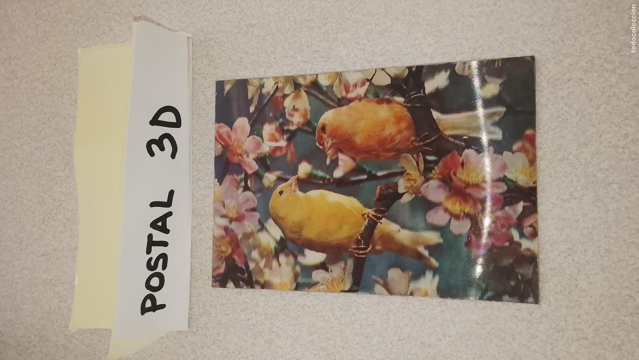 Postales: POSTAL TRIDIMENSIONAL 3D PLASTICA , en MOVIEMIENTO - ESCUDO DE ORO RIGIDA PAJAROS CANARIOS