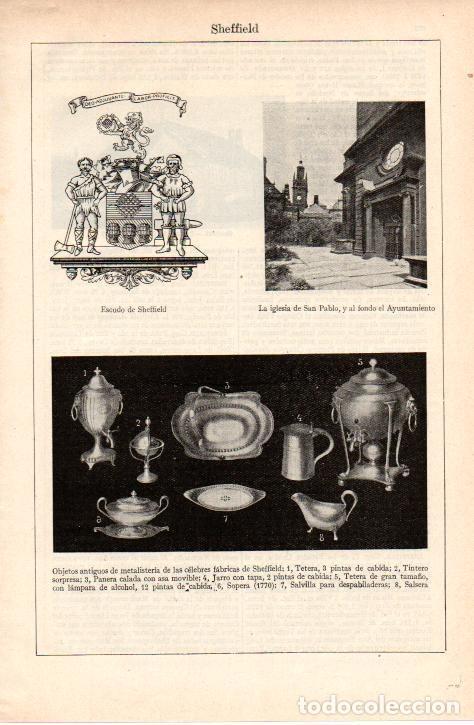 Postkarten: LAMINA ESPASA 38243: Escudo, iglesia de San Pablo y objetos de Sheffield, Inglaterra - Varios