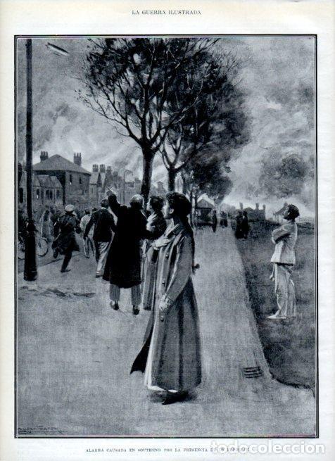 Cartoline: LAMINA V18087: Alarma en Southend por la presencia de un Zeppelin - Augusto Riera