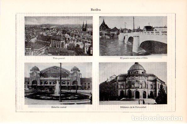 Postkarten: LAMINA V28733: Basilea. Vista general, Puente Nuevo, Estacion y Biblioteca - Varios