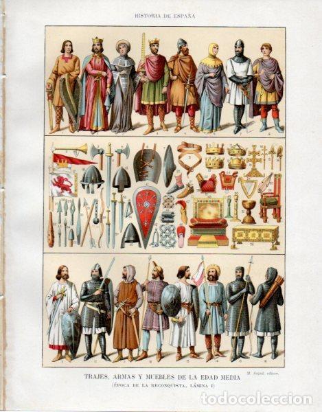 Postales: LAMINA V33482: Trajes armas y muebles de la Edad Media (epoca de la Reconquista) - Manuel Rodriguez