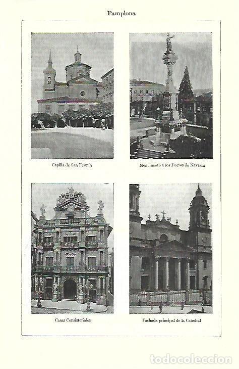 Postales: LAMINA ESPASA 39753: Capilla de San Fermin, Monumento a los Fueros. Ayuntamiento y Catedral de Pampl