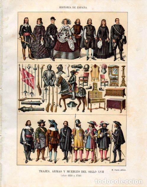 Postcards: LAMINA V34011: Trajes, armas y muebles siglo XVII a&ntilde;os 1650 a 1700 - Manuel Rodriguez Codola