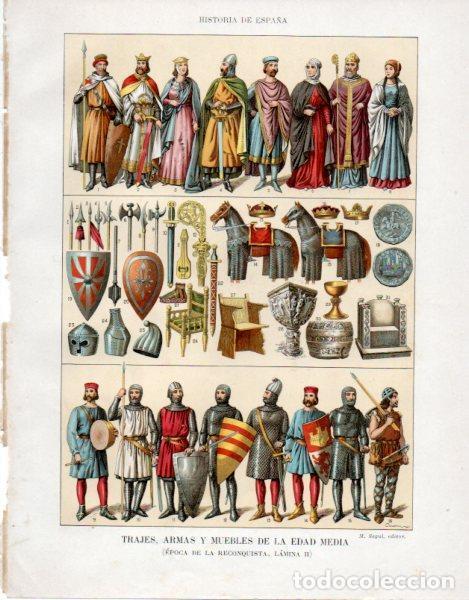 Postales: LAMINA V33588: Trajes armas y muebles de la Edad Media, epoca de la Reconquista - Manuel Rodriguez C