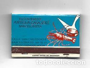 Postales: CAJA DE CERILLAS 38: Marisqueria Antigua Casa Sole. Barcelona - NULL