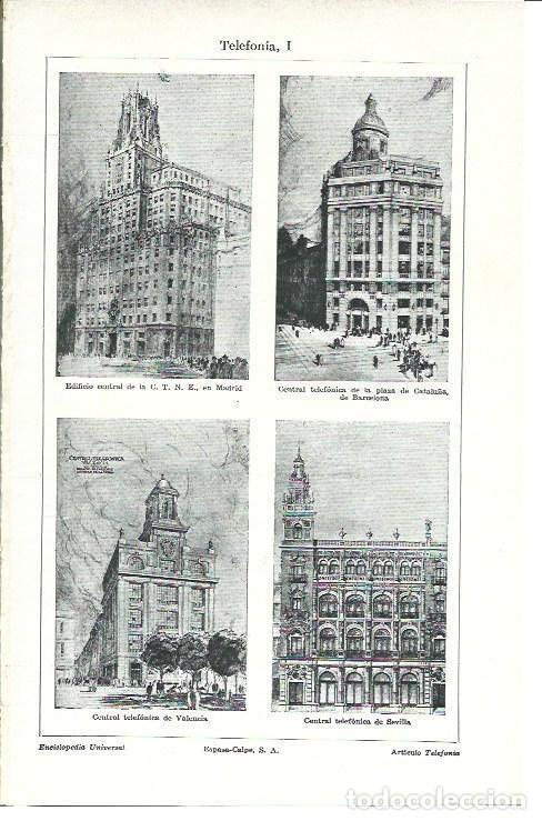 Postais: LAMINA ESPASA 40149: Edificios de Telefonia en Madrid, Barcelona, Valencia y Sevilla - Varios