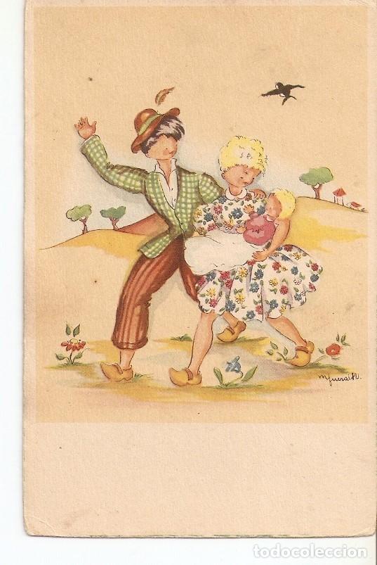 Postales: Postal 036120 : Pareja paseando con su bebe. Dibujo - Varios