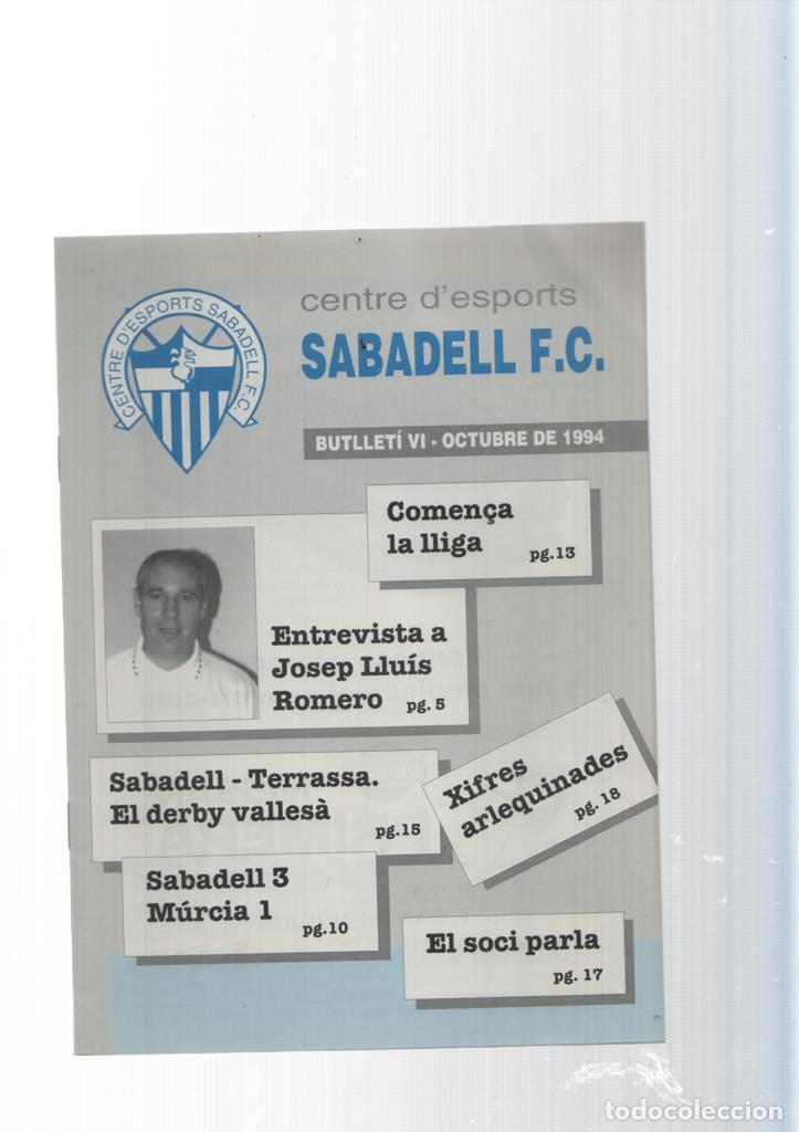 Postales: Centre d esports Sabadell F.C. butlleti VI octubre 1994: Comen&ccedil;a la lliga-Entre- - varios
