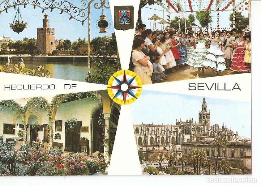 Postkarten: Postal 042921 : Sevilla. Torre de Oro y rio Guadalquivir - Ferias de Abril. Patio sevillano - Catedr